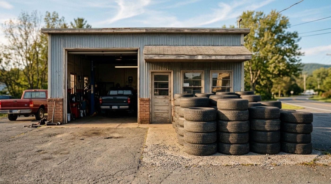Independent tire shop with stacks of used tires out front